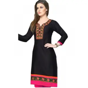 Women's Linen and Cotton Mix Kurtis (Black, Pink, L)