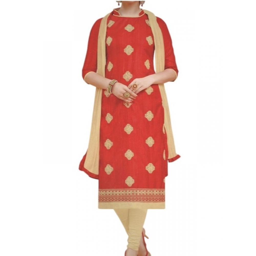 Womens Cotton Regular Unstitched Salwar-Suit Material With Dupatta (Red, 2 mtr)