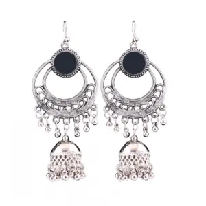 Women's Silver Oxidized Hook Dangler Hanging Afgani Tribal Fancy Earrings-Silver