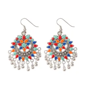 Women's Oxidize Silver plated Hook Dangler Hanging Afgani Earrings-Multicolour