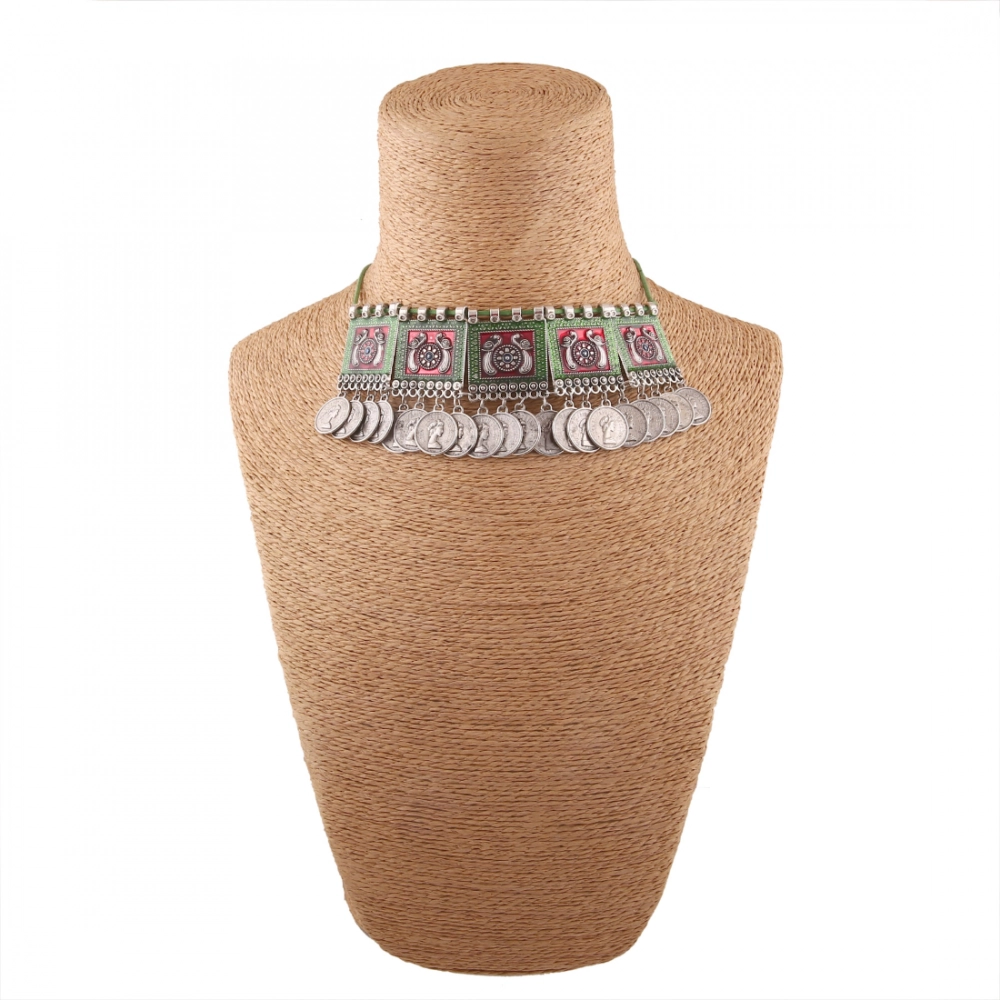 Oxidised Silver Plated Meena Work Choker Necklace - Image 2