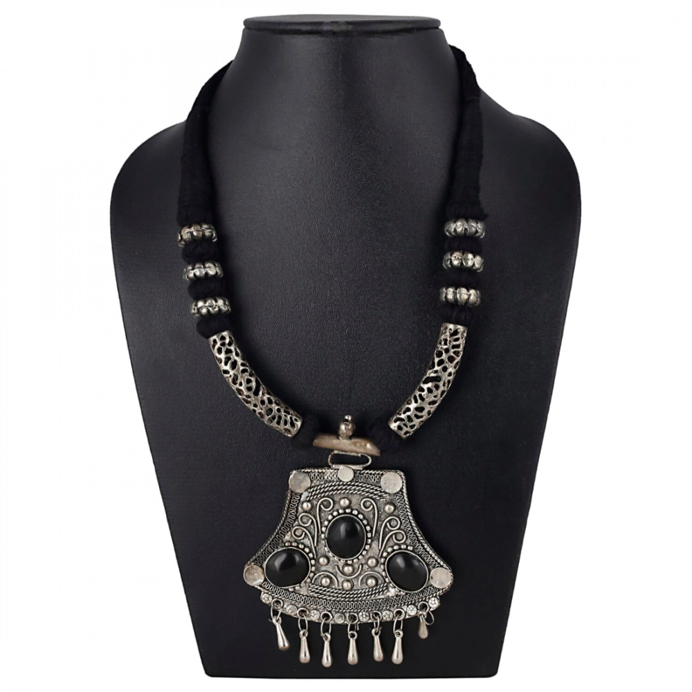 High Finished Black Beads and Oxidized Silver Pendant Designer Necklace - Image 2