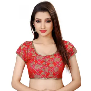 Women's Brocade, Inner-Cotton Full Stitched Padded Blouse (Red)