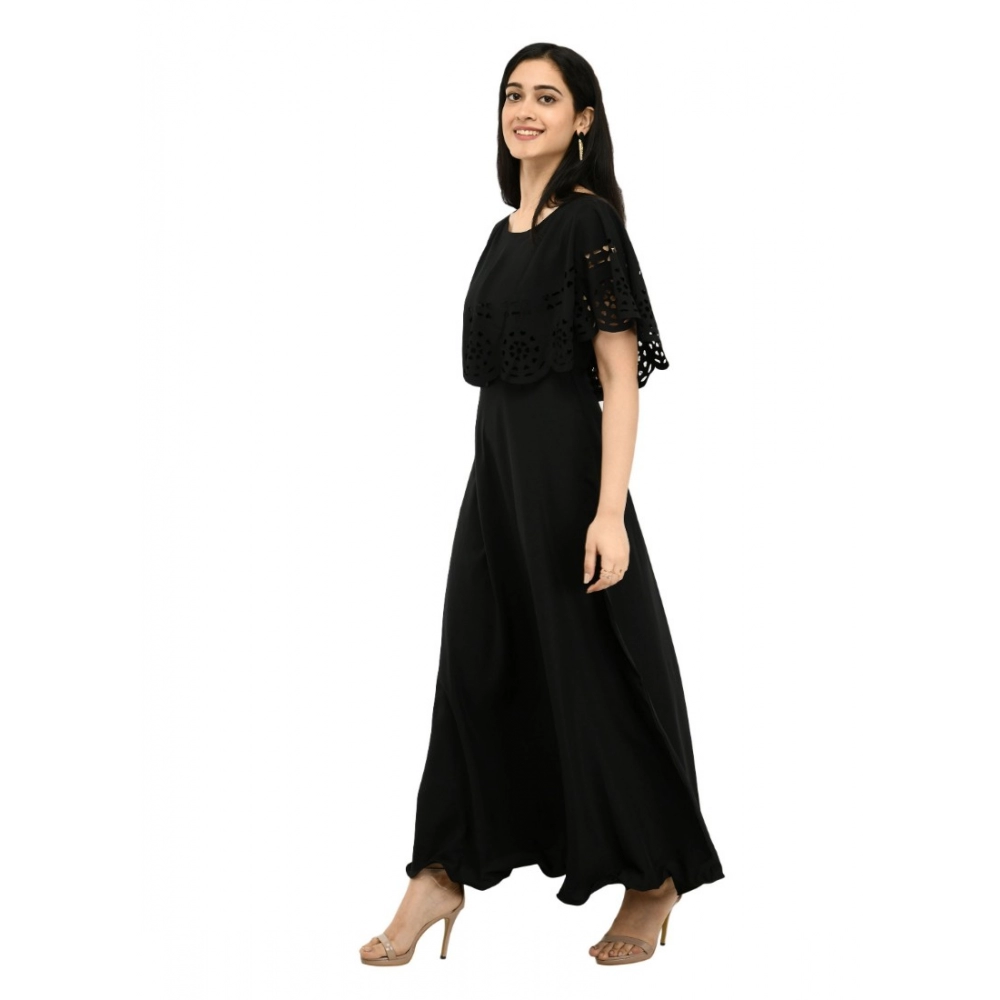 Women's Crepe Solid Sleeveless Full Length Gown(Black) - Image 6