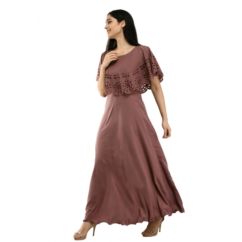 Women's Crepe Solid Sleeveless Full Length Gown(Brown) - Image 2