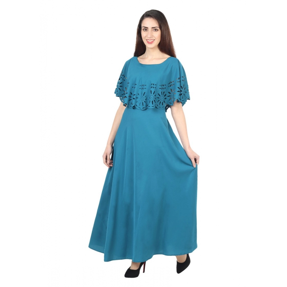 Women's Crepe Solid Sleeveless Full Length Gown(Light Blue) - Image 2