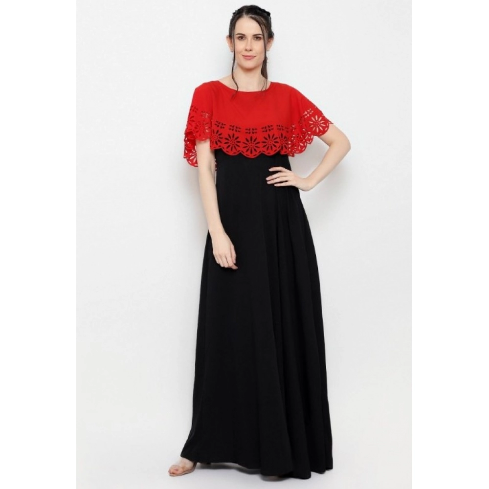 Women's Crepe Solid Sleeveless Full Length Gown(Red Black) - Image 2