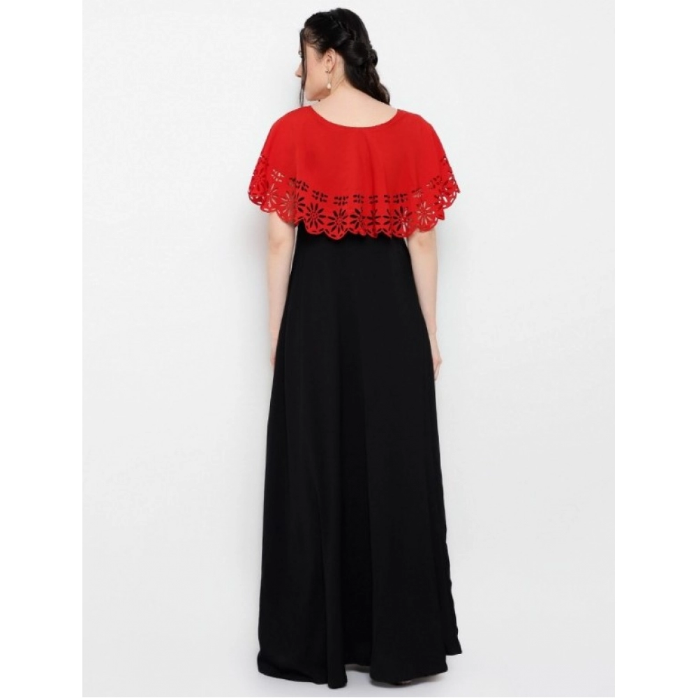 Women's Crepe Solid Sleeveless Full Length Gown(Red Black) - Image 5
