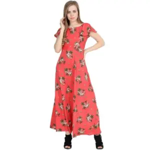 Women's Crepe Floral Half Sleeves Full Length Gown(Red)