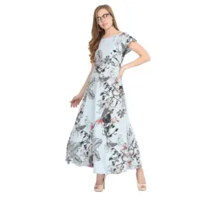 Women's Crepe Floral Half Sleeves Full Length Gown(Blue)
