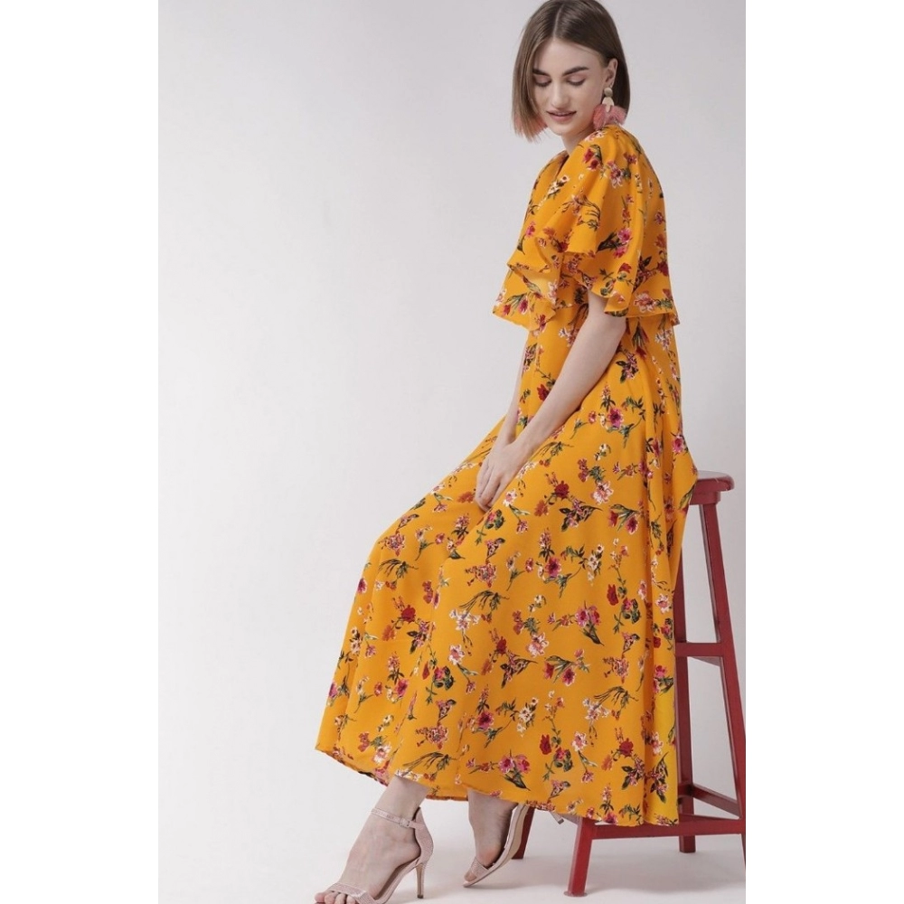Women's Crepe Floral Half Sleeves Full Length Gown(Yellow) - Image 2