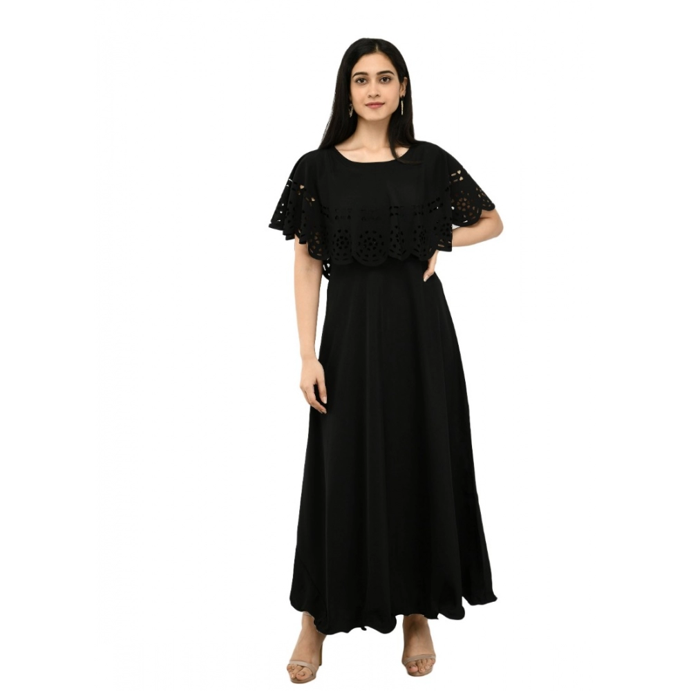 Women's Crepe Solid Sleeveless Full Length Gown(Black) - Image 2