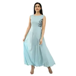 Women's Crepe Solid Sleeveless Full Length Gown(Light Blue)