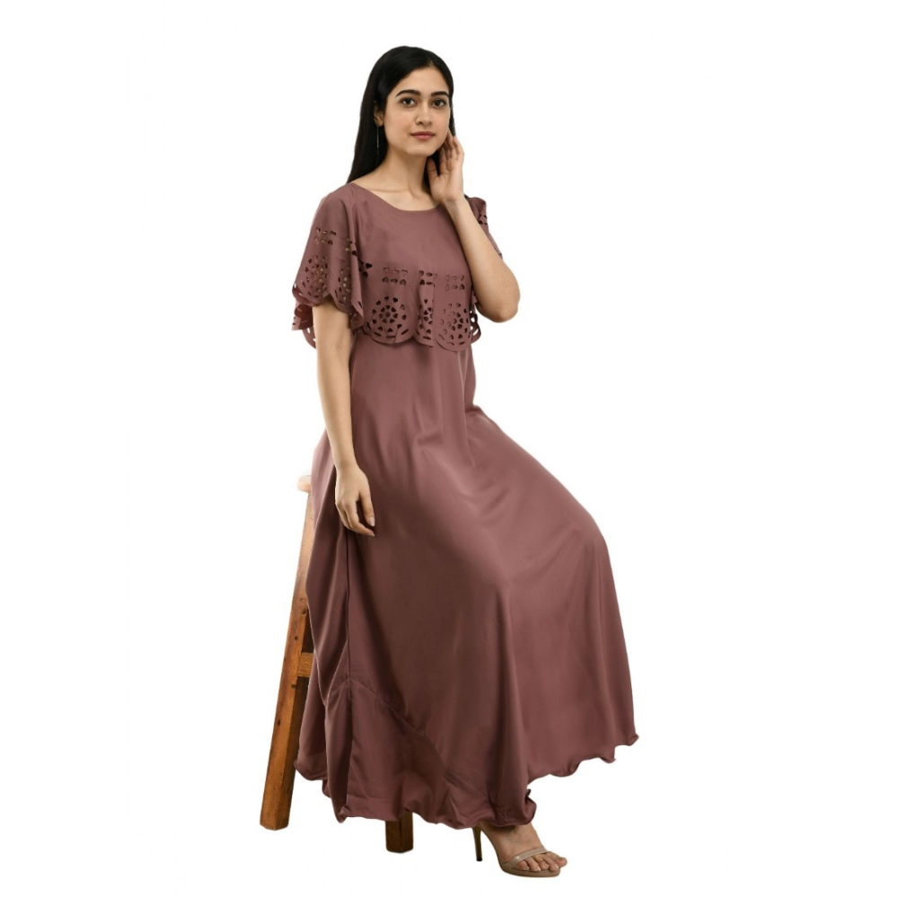 Women's Crepe Solid Sleeveless Full Length Gown(Brown) - Image 3
