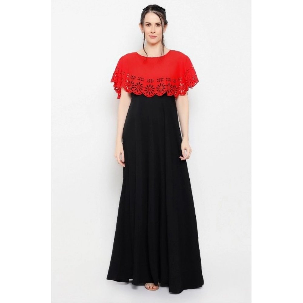 Women's Crepe Solid Sleeveless Full Length Gown(Red Black) - Image 6