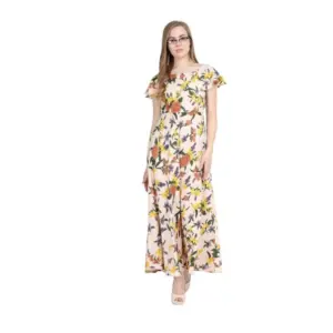 Women's Crepe Floral Half Sleeves Full Length Gown(Beige)