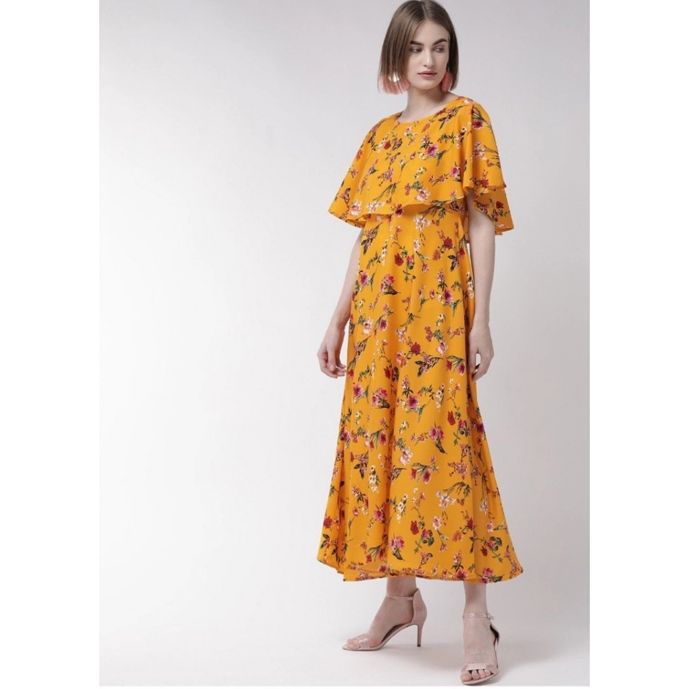 Women's Crepe Floral Half Sleeves Full Length Gown(Yellow) - Image 3
