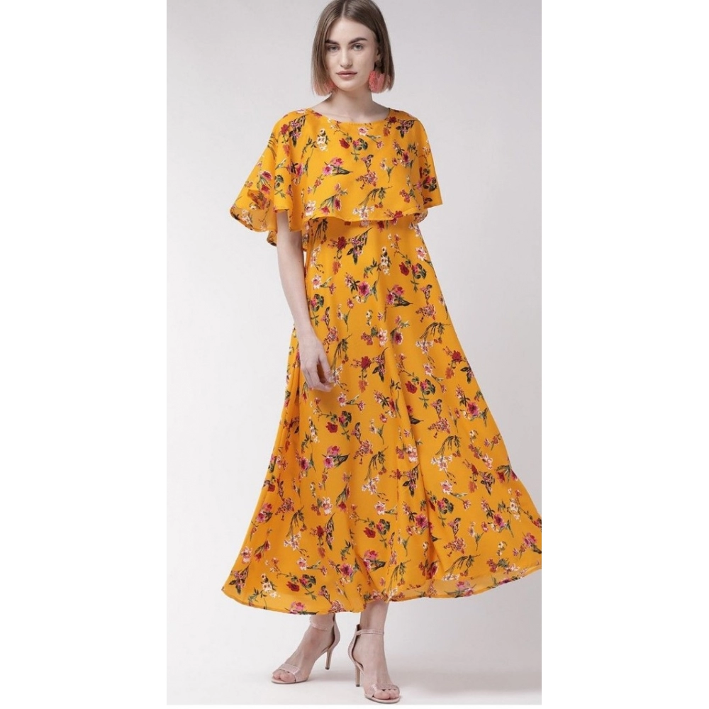 Women's Crepe Floral Half Sleeves Full Length Gown(Yellow) - Image 6