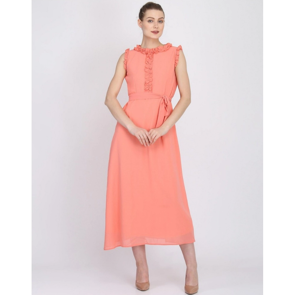 Women's Georgette Solid Sleeveless Full Length Gown(Peach) - Image 7