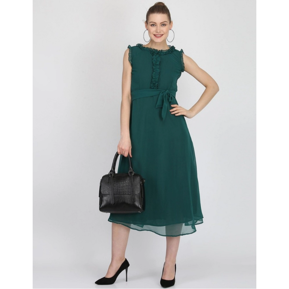 Women's Georgette Solid Sleeveless Full Length Gown(Green) - Image 2