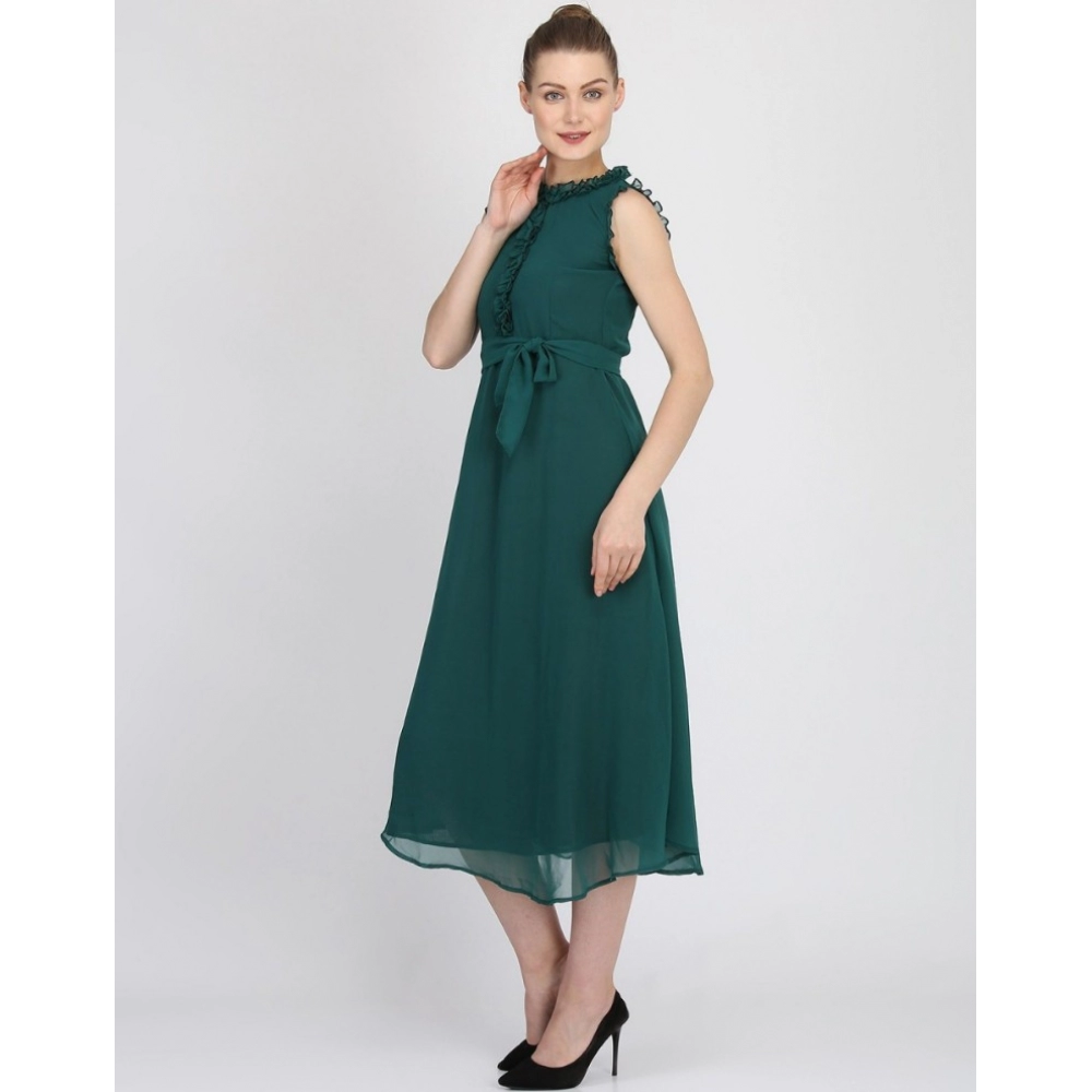 Women's Georgette Solid Sleeveless Full Length Gown(Green) - Image 3