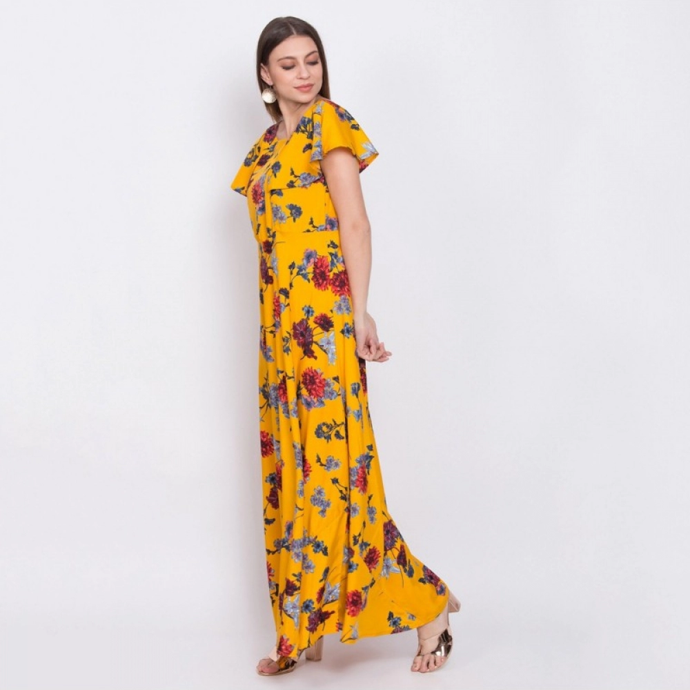 Women's Crepe Floral Sleeveless Full Length Gown(Yellow) - Image 3