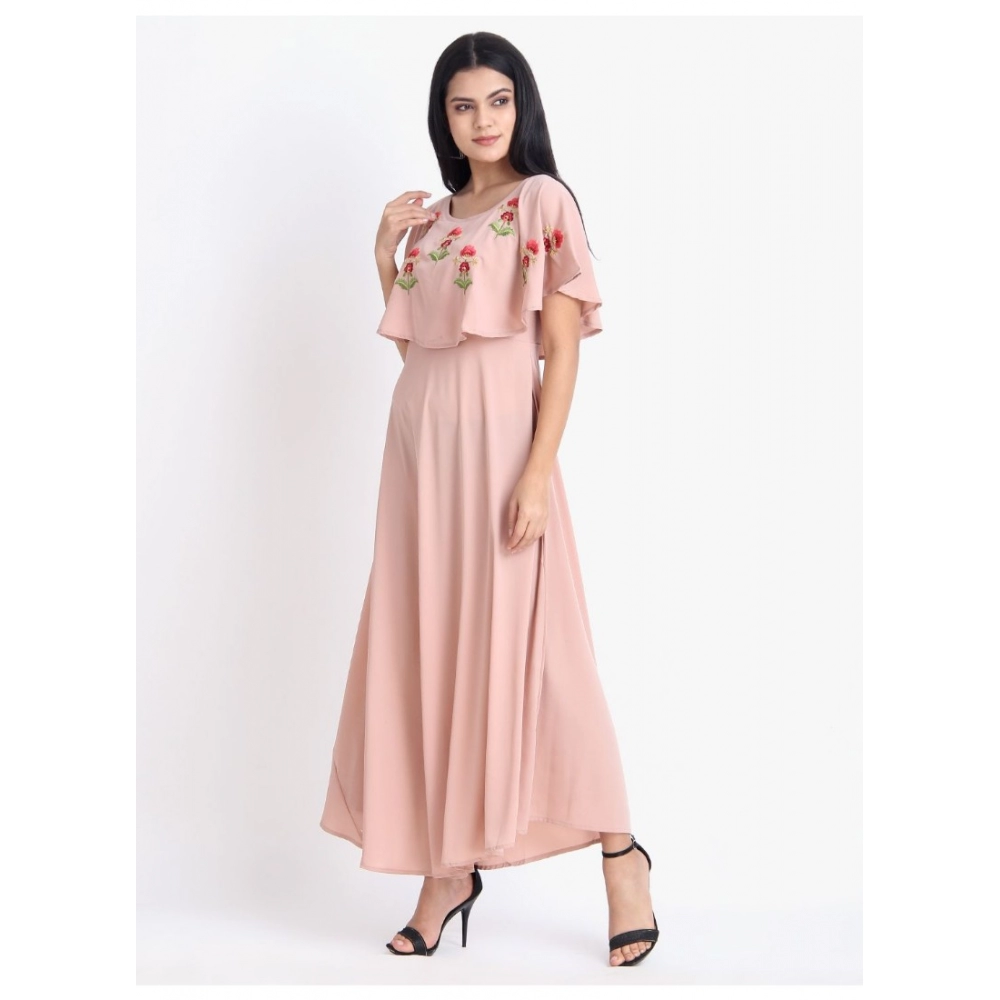 Women's Crepe Embroidery Pattern Sleeveless Full Length Gown(Pink) - Image 3