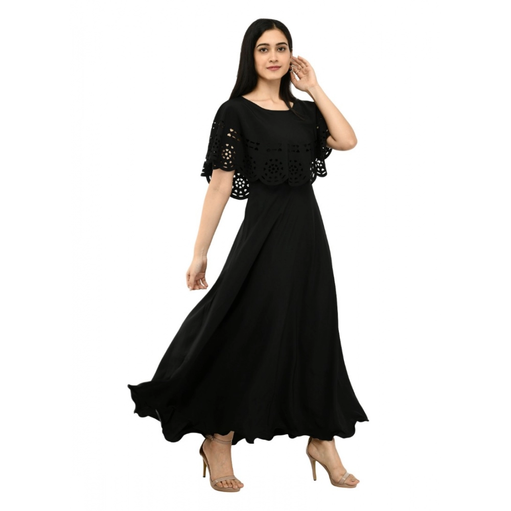 Women's Crepe Solid Sleeveless Full Length Gown(Black) - Image 3