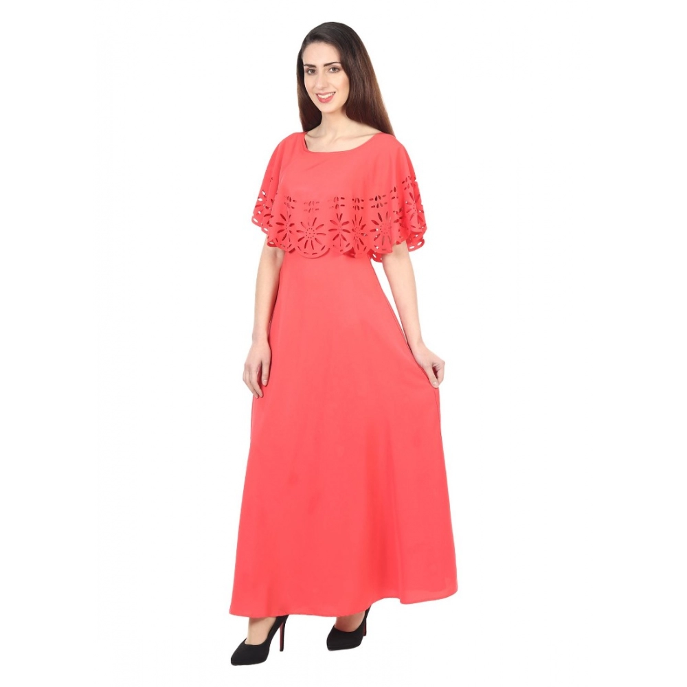 Women's Crepe Solid Sleeveless Full Length Gown(Red) - Image 3