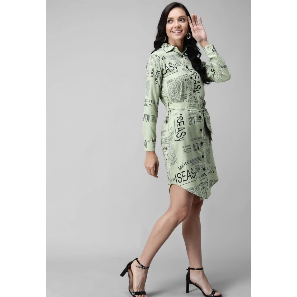 Women's Crepe Paper Print Full Sleeve Short Tops(Lime Green) - Image 2