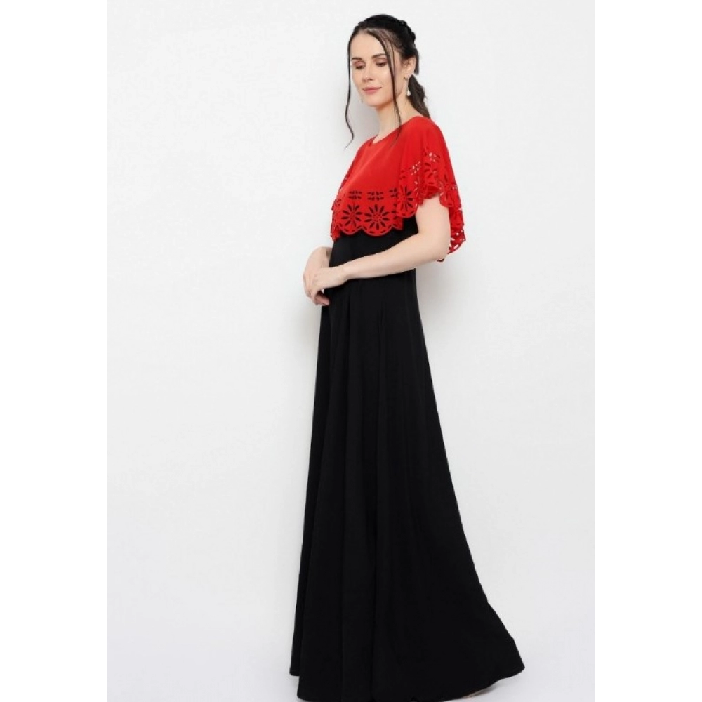 Women's Crepe Solid Sleeveless Full Length Gown(Red Black) - Image 3