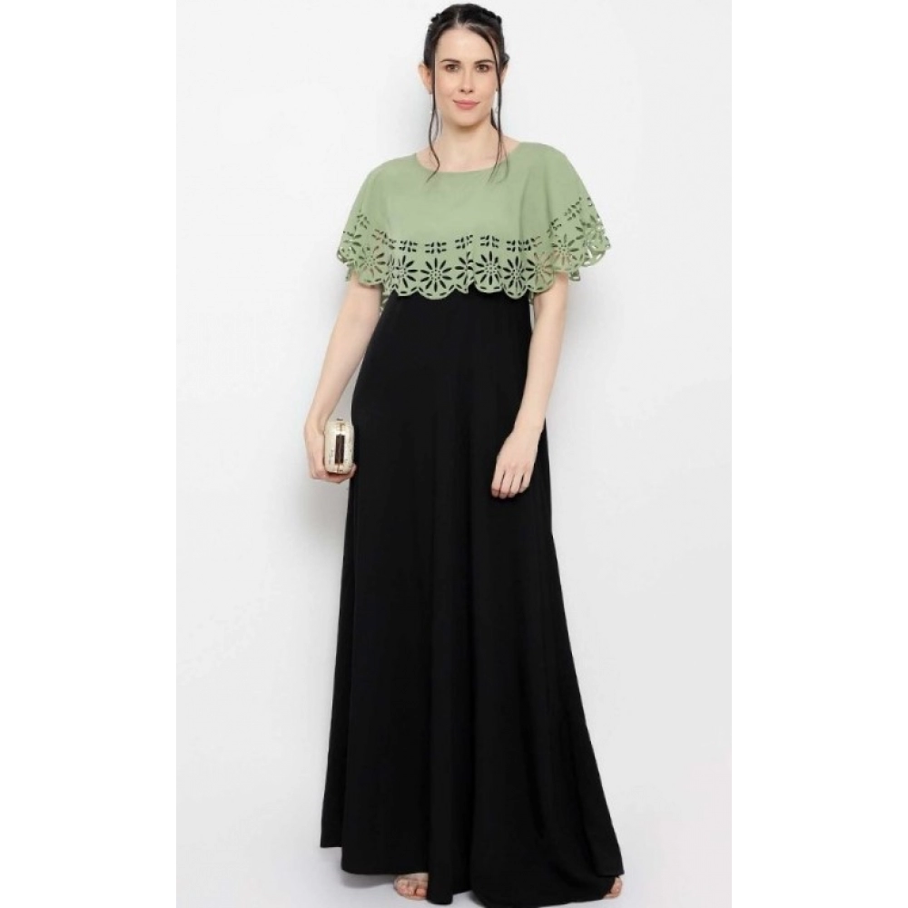 Women's Crepe Solid Sleeveless Full Length Gown(Green Black) - Image 2