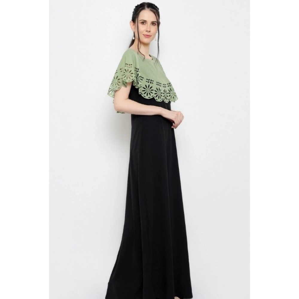 Women's Crepe Solid Sleeveless Full Length Gown(Green Black) - Image 3