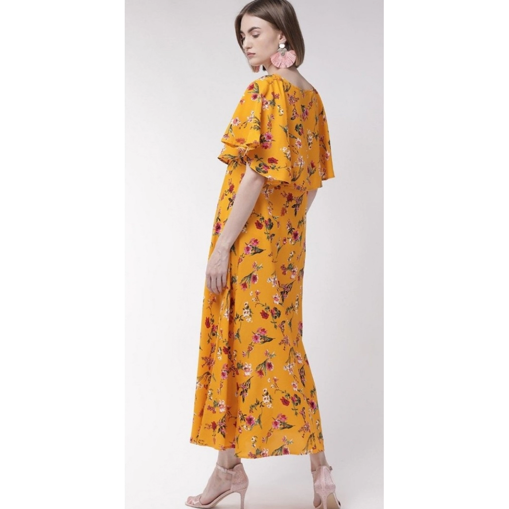 Women's Crepe Floral Half Sleeves Full Length Gown(Yellow) - Image 5