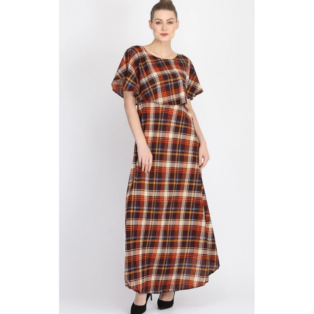 Women's Crepe Checked Half Sleeves Full Length Gown(Multi) - Image 3