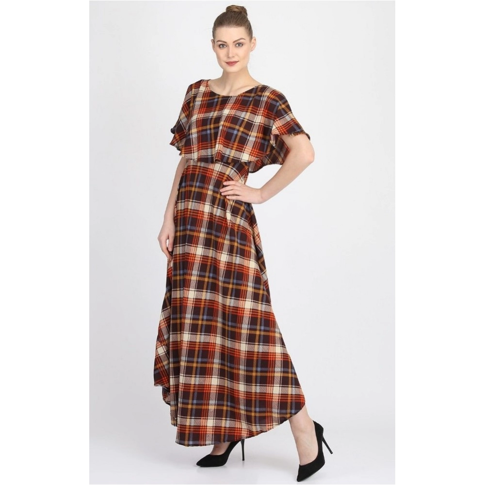 Women's Crepe Checked Half Sleeves Full Length Gown(Multi) - Image 2