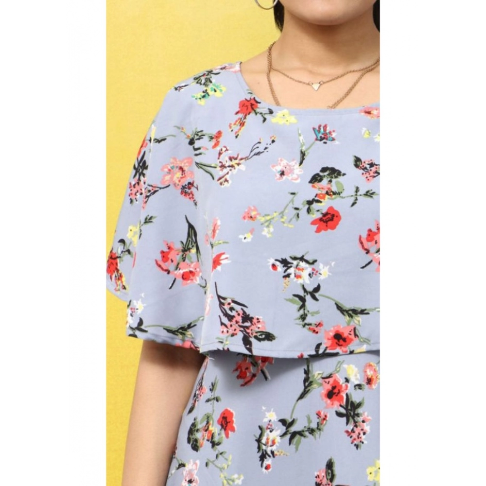 Women's Crepe Floral Half Sleeves Full Length Gown(Light Grey) - Image 2