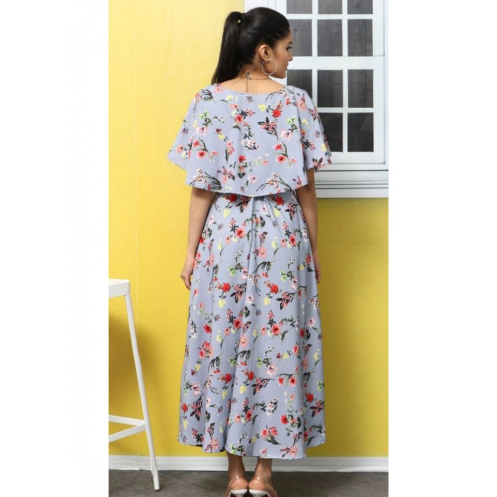 Women's Crepe Floral Half Sleeves Full Length Gown(Light Grey) - Image 5
