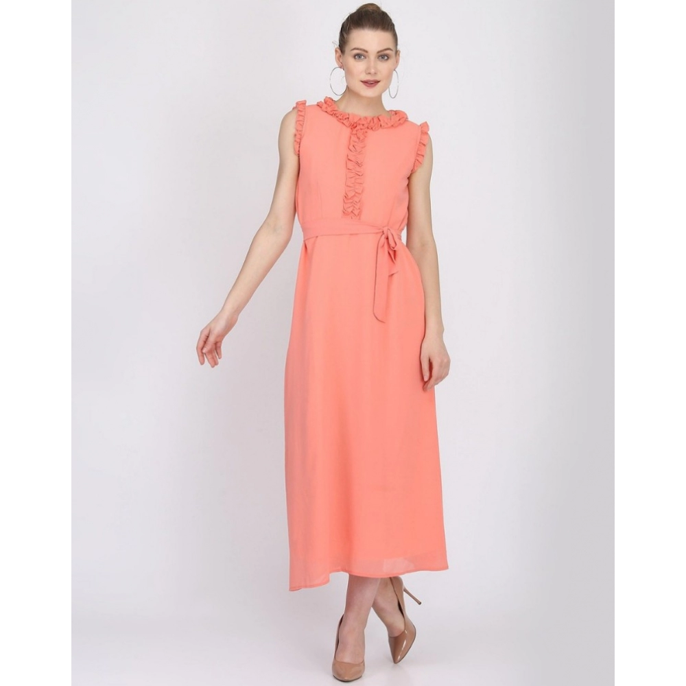 Women's Georgette Solid Sleeveless Full Length Gown(Peach) - Image 2