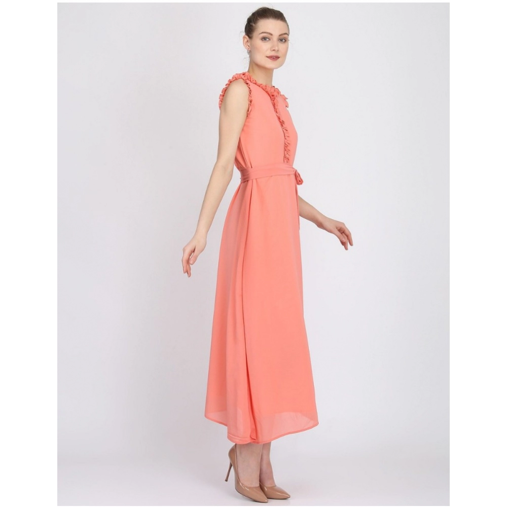Women's Georgette Solid Sleeveless Full Length Gown(Peach) - Image 4