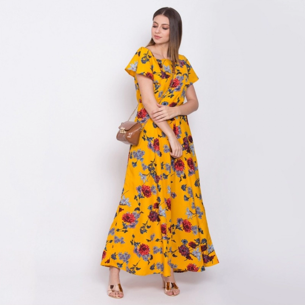 Women's Crepe Floral Sleeveless Full Length Gown(Yellow) - Image 2