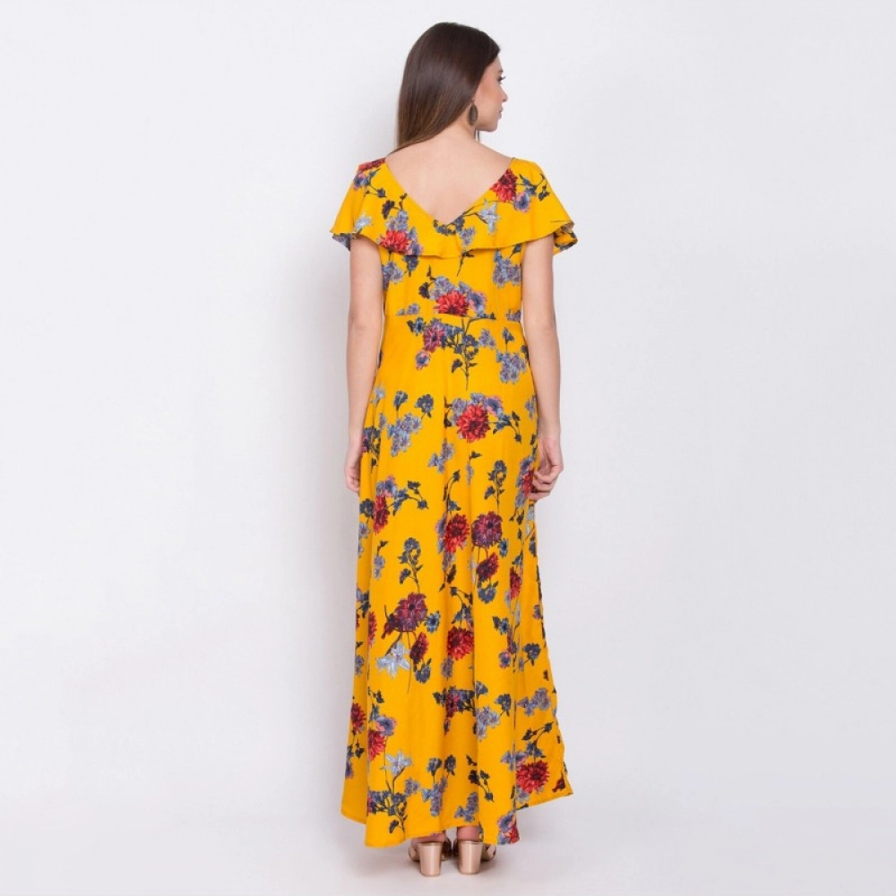 Women's Crepe Floral Sleeveless Full Length Gown(Yellow) - Image 5