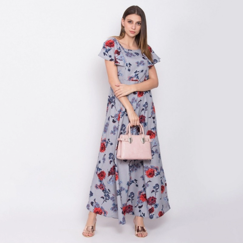 Women's Crepe Floral Sleeveless Full Length Gown(Grey) - Image 2