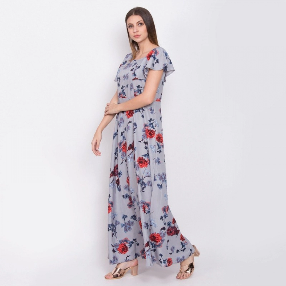 Women's Crepe Floral Sleeveless Full Length Gown(Grey) - Image 3