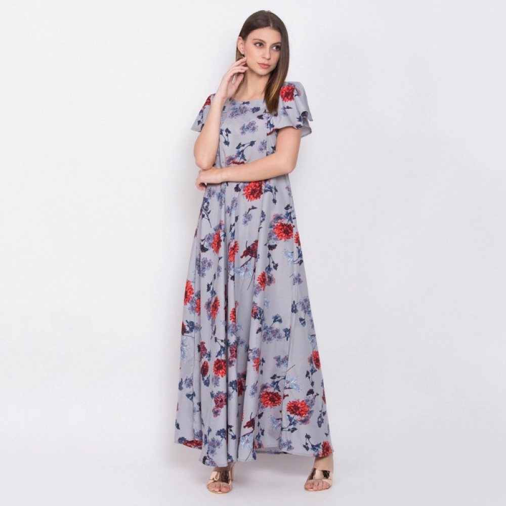 Women's Crepe Floral Sleeveless Full Length Gown(Grey) - Image 6