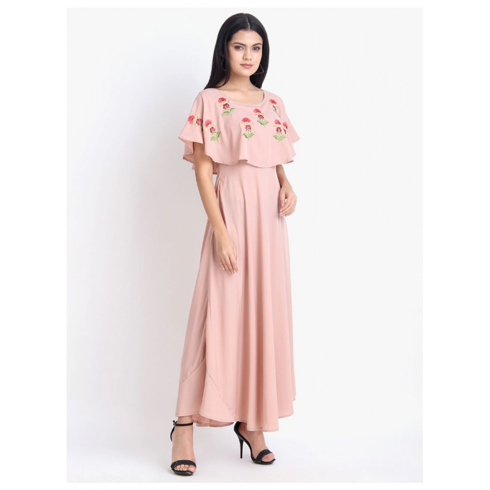 Women's Crepe Embroidery Pattern Sleeveless Full Length Gown(Pink) - Image 2