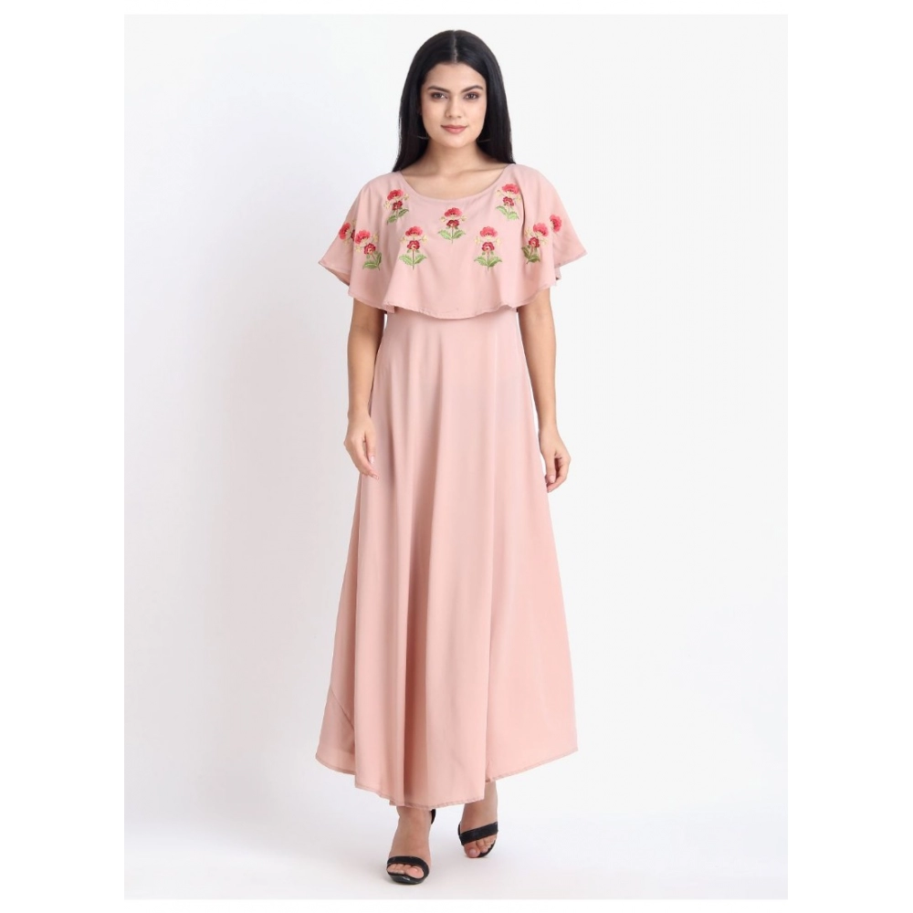 Women's Crepe Embroidery Pattern Sleeveless Full Length Gown(Pink) - Image 6