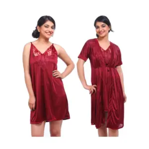 Women's Satin 2 PCs Set Of Nighty And Wrap Gown with Half Sleeve Nightdress(Color: Maroon, Neck Type: V Neck)
