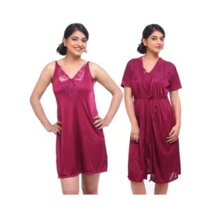 Women's Satin 2 PCs Set Of Nighty And Wrap Gown with Half Sleeve Nightdress(Color: Wine, Neck Type: V Neck)
