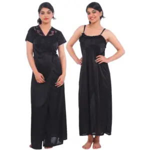Women's Satin 2 PCs Set Of Nighty And Wrap Gown Mega Sleeve(Color: Black, Neck Type: Square Neck)